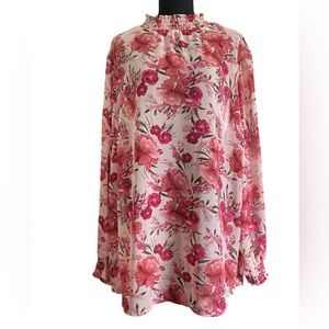 NWOT Torrid Shiffon Smocked Mock Neck Floral Pink Sheer Blouse  Size 4